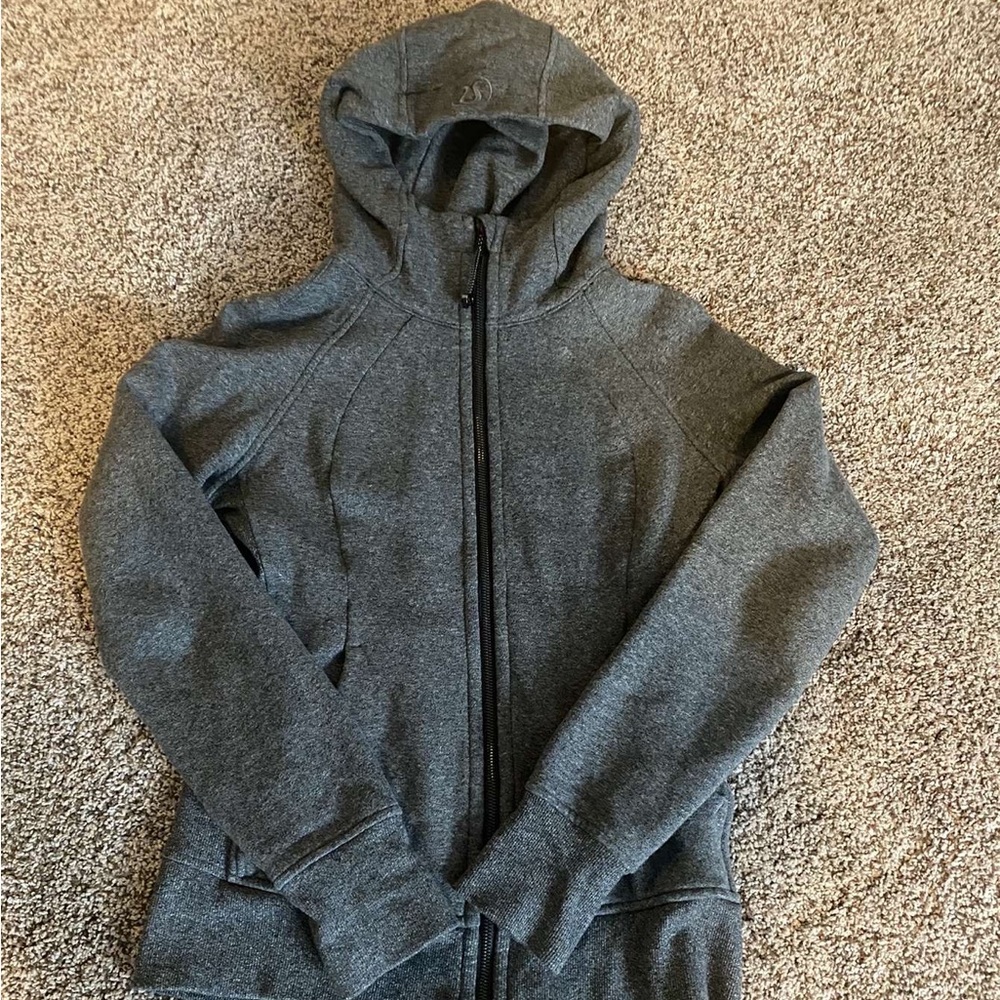 Lululemon Scuba full zip hoodie, color is heathered speckled black